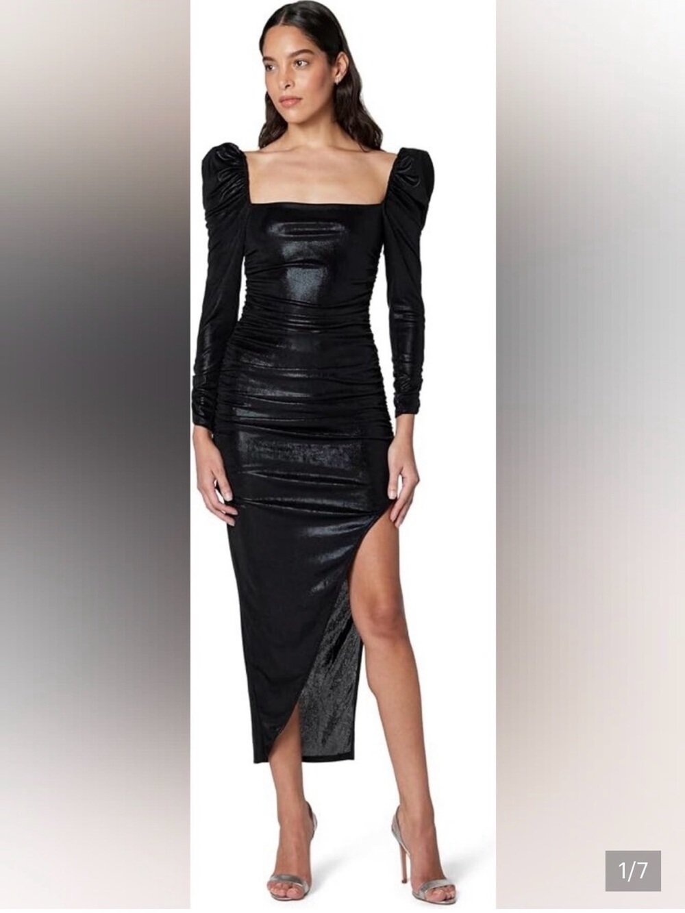 Astr the Label Black Puff-Sleeve Square-Neck Midi Dress Medium